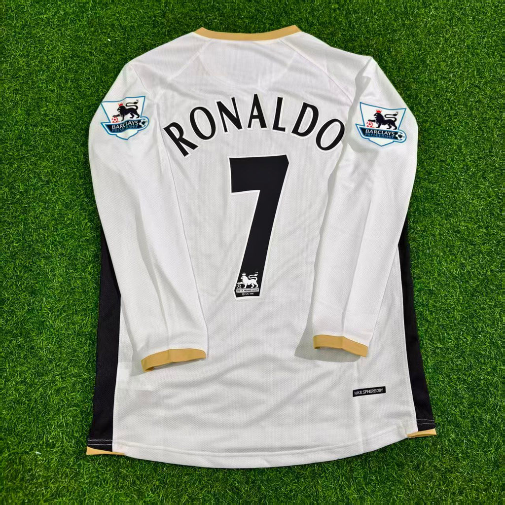 Cristiano Ronaldo #7 Manchester United 2006-2007 White Retro Long Sleeve Football Jersey – Back View