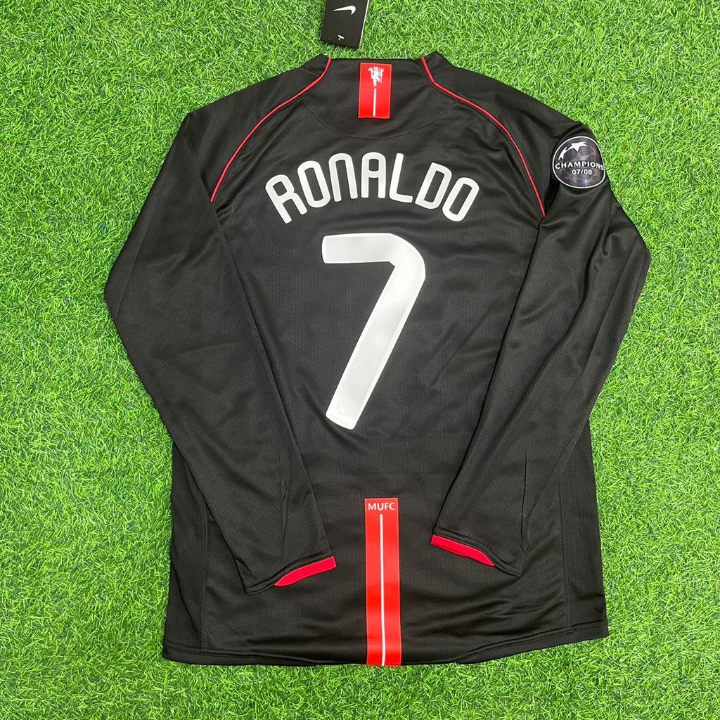 Cristiano Ronaldo Manchester United 2007/2008 Champions League Patch Black Retro Football Jersey – Back View