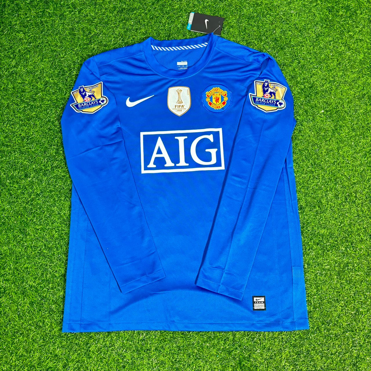 Manchester United 2008 Blue EPL Patch Retro Long Sleeve Football Jersey – Wayne Rooney – Front View