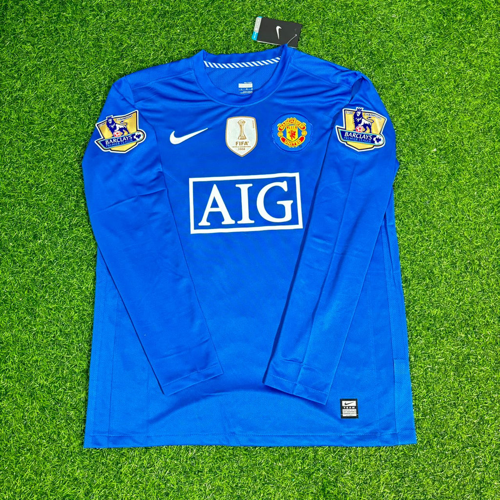 Manchester United 2008 Blue EPL Patch Retro Long Sleeve Football Jersey – Carlos Tevez – Front View