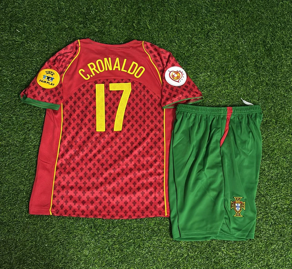 Cristiano Ronaldo Portugal 2004 Final Home Kids Football Jersey – Back View