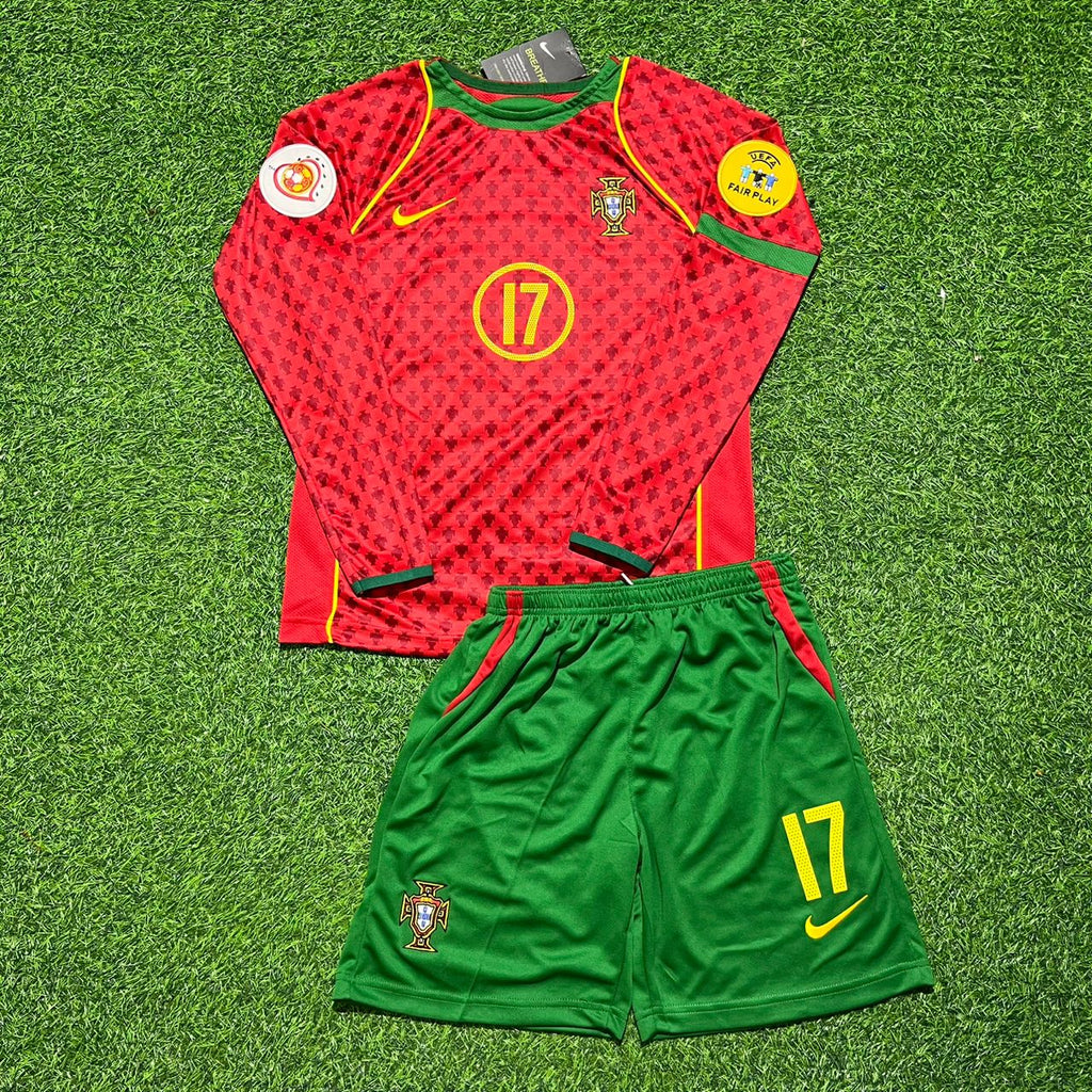 Portugal EURO 2004 Long Sleeve Retro Home Red Kids Football Jersey – Cristiano Ronaldo – Front View