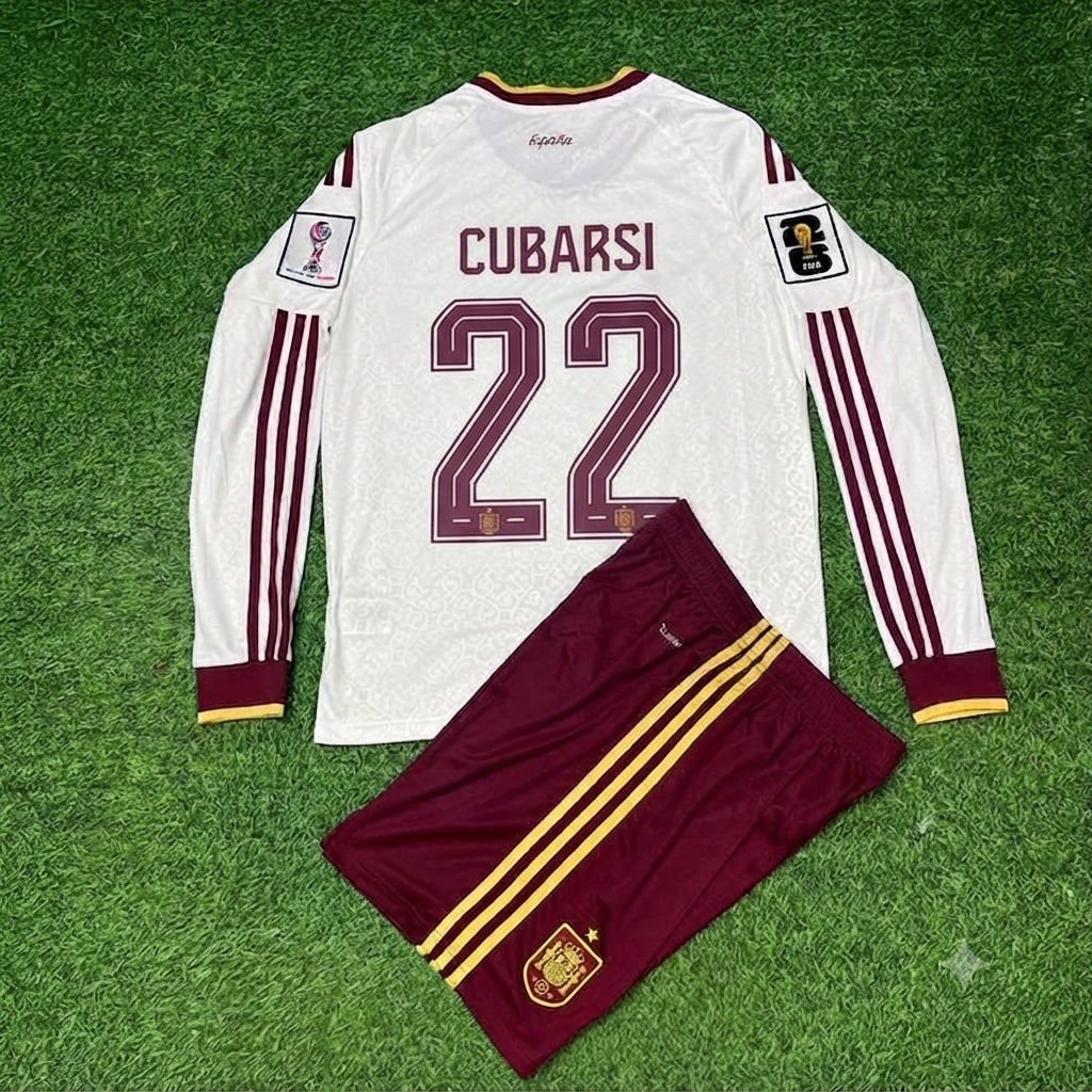 2026 Spain World Cup Pau Cubarsi Away Long Sleeve Kids Football Jersey – Back View