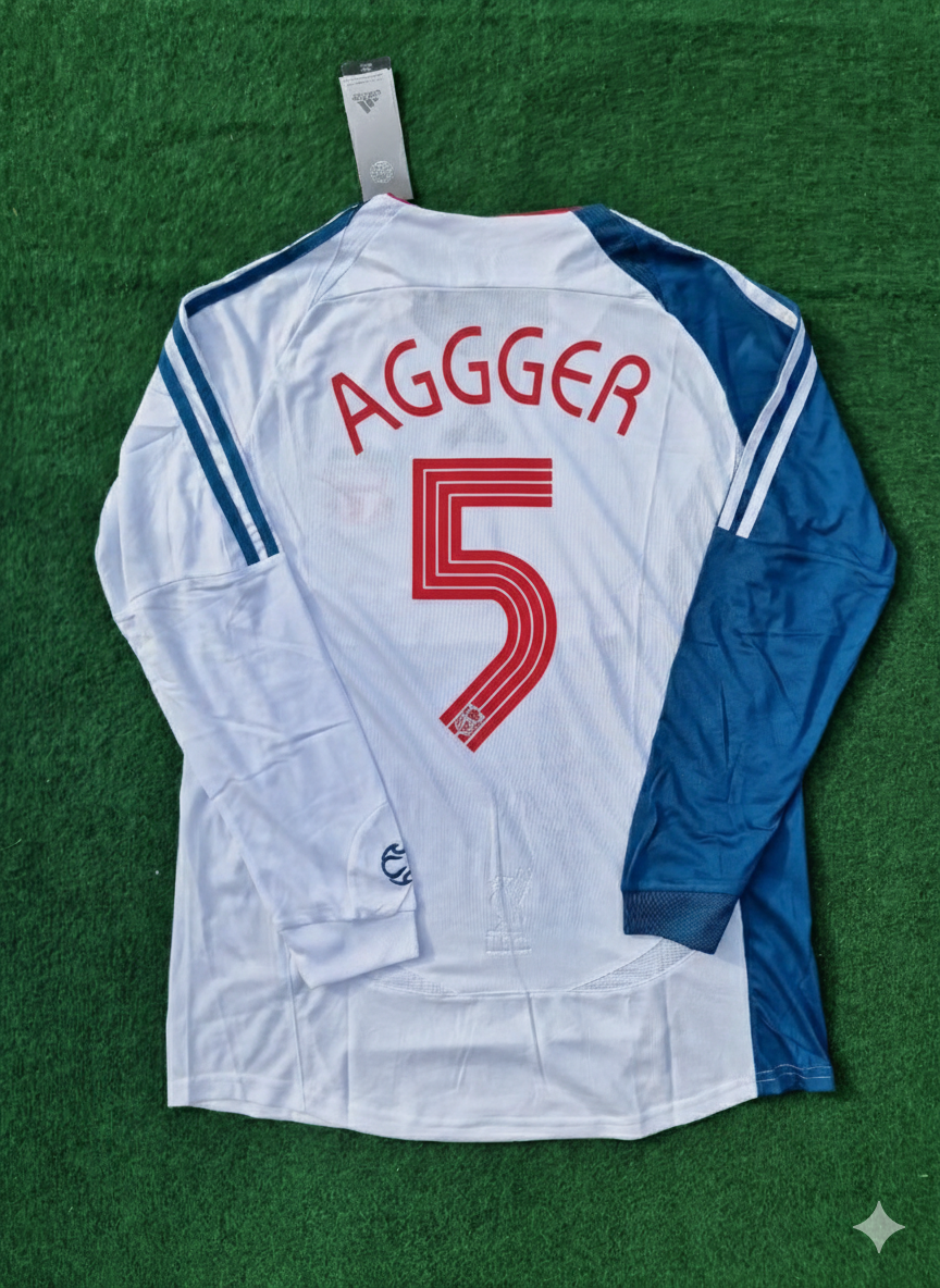 2007 Daniel Agger Liverpool White Blue Long Sleeve Retro Football Jersey – Back View