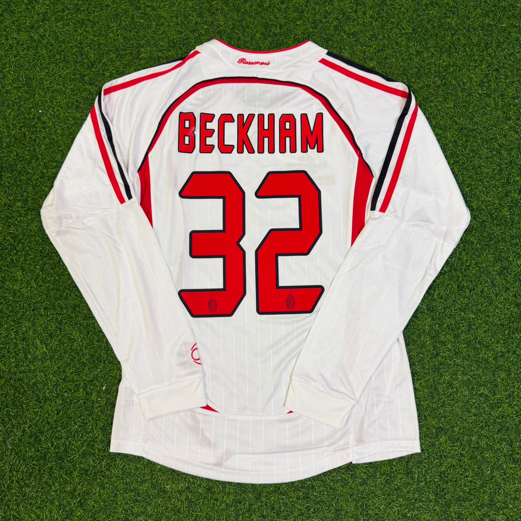 David Beckham #32 AC Milan Away White Long Sleeve Retro Jersey – Back View