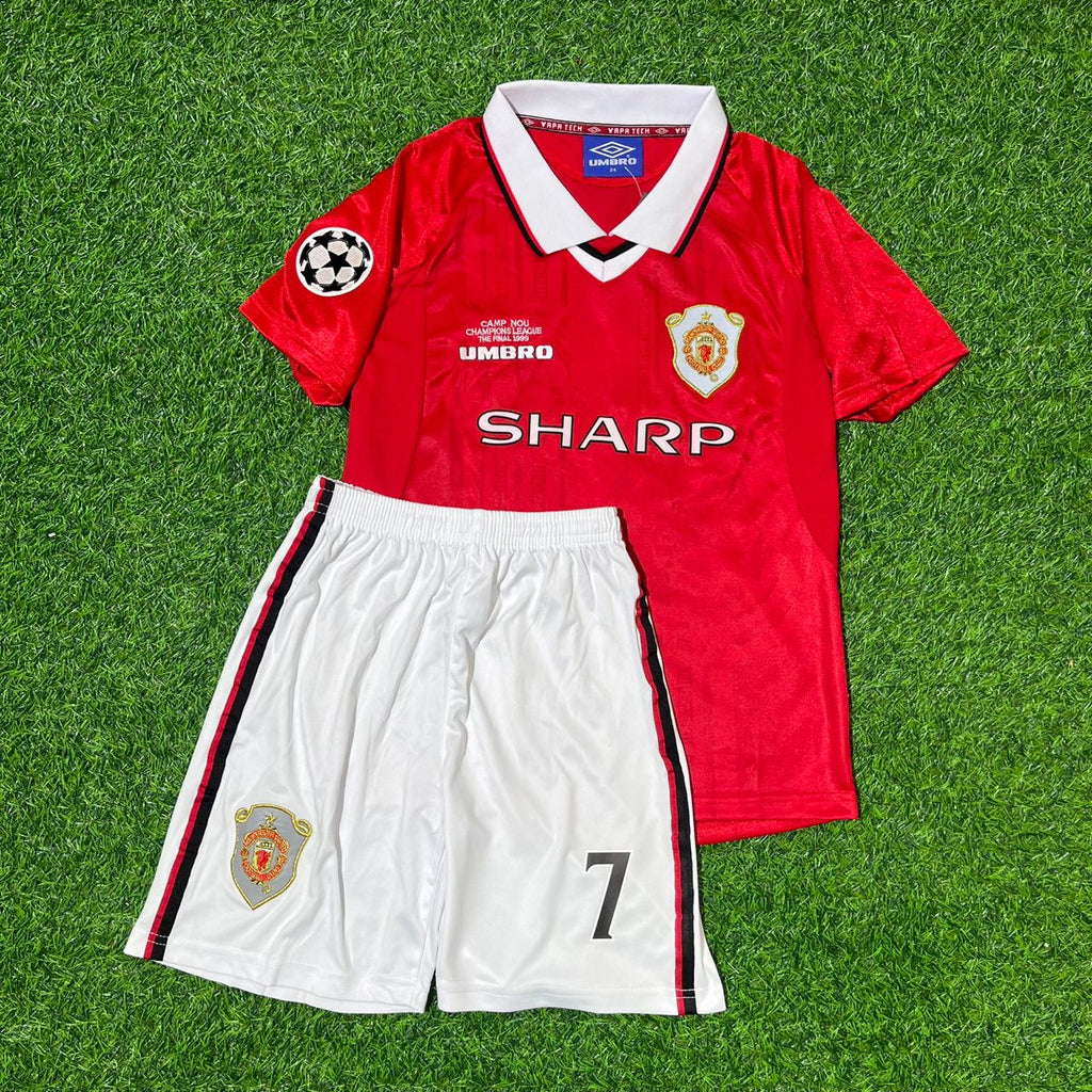 David Beckham Manchester United 1999 Champions League Final Retro Kids Football Jersey – Front View
