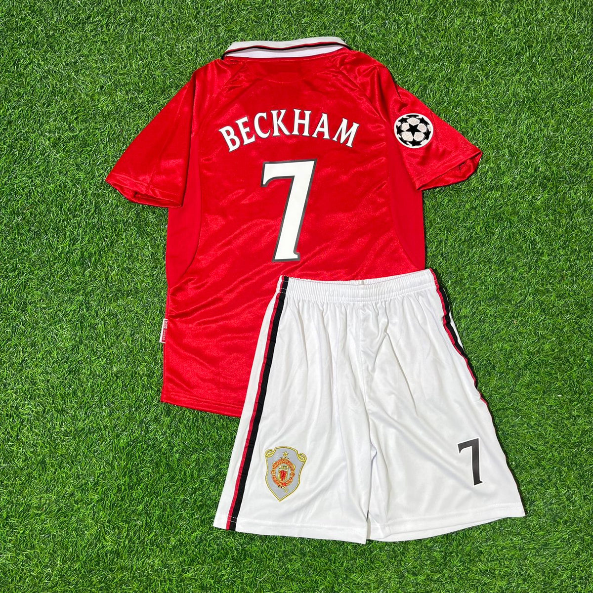 David Beckham Manchester United 1999 Champions League Final Retro Kids Football Jersey – Back View