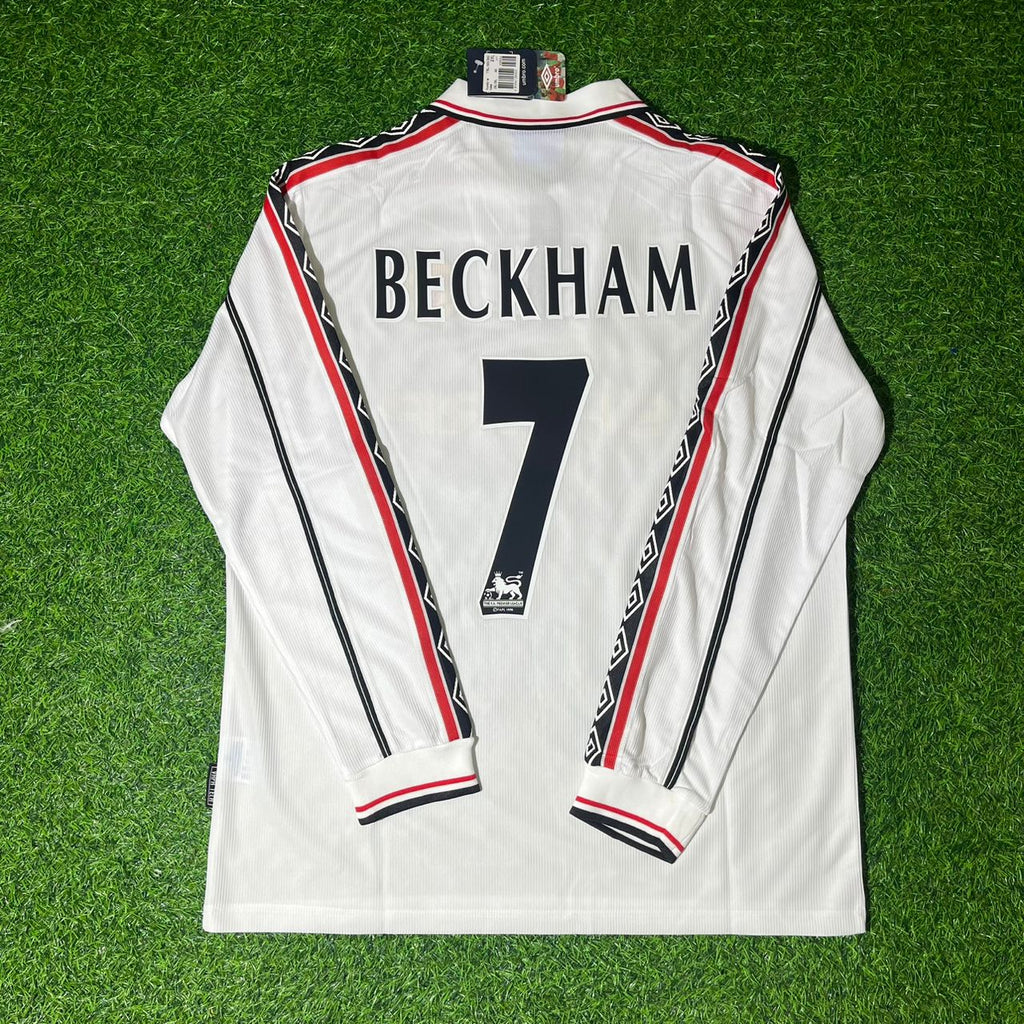 David Beckham Manchester United 1999 White Long Sleeve Retro Football Jersey – Back View