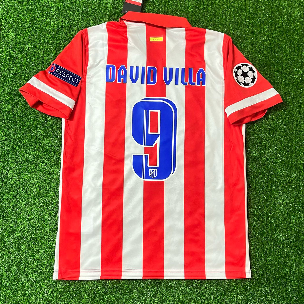 2013/14 David Villa 9 Atlético Madrid Home Football Jersey Red and White Retro Kit Football Jersey – Back View