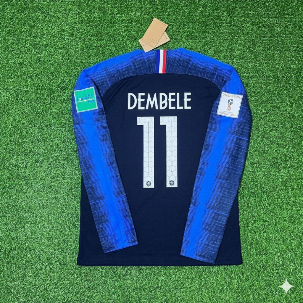 France 2018 World Cup Final Long Sleeve Retro Football Jersey – Ousmane Dembele – Back View