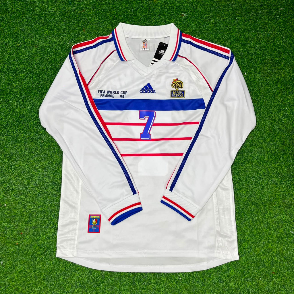 France 1998 World Cup White Away Long Sleeve Retro Jersey – Didier Deschamps #7 – Front View