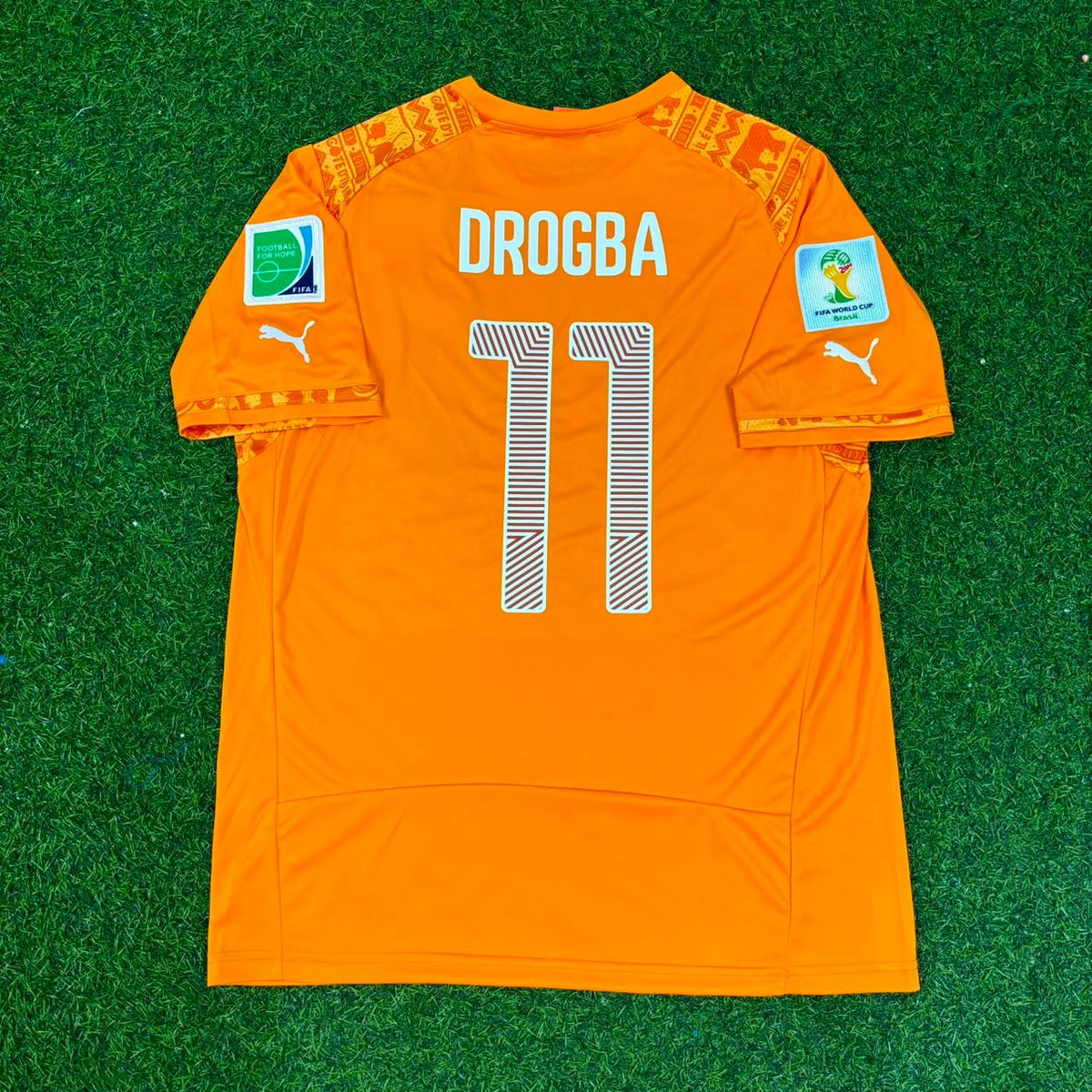 Didier Drogba #11 Ivory Coast 2014 World Cup Home Orange Retro Football Jersey – Back View