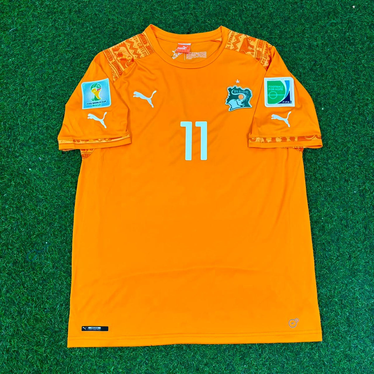 Didier Drogba #11 Ivory Coast 2014 World Cup Home Orange Retro Football Jersey – Front View
