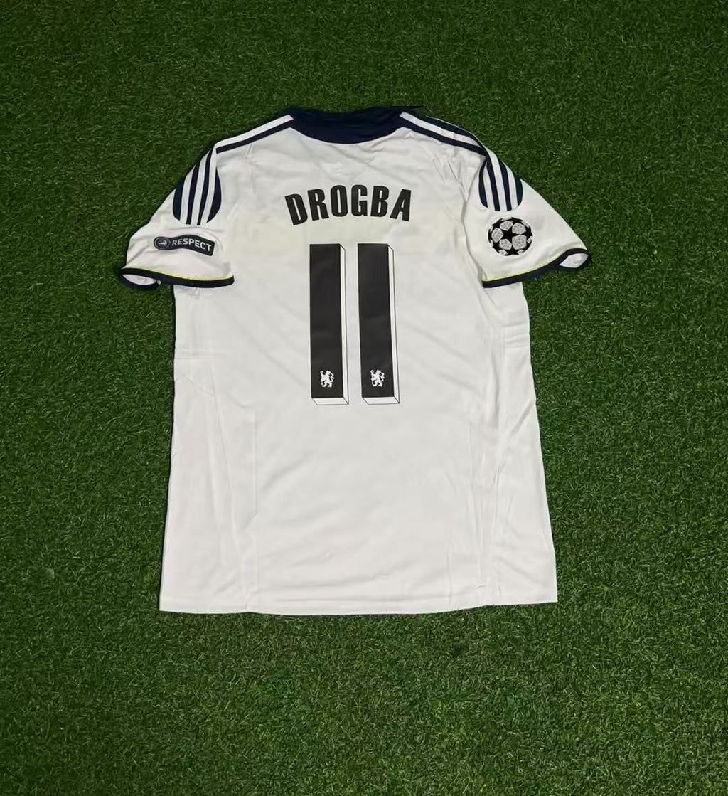 2011 Didier Drogba 11 - Chelsea 2012 CL White Yellow Retro Football Jersey – Back View