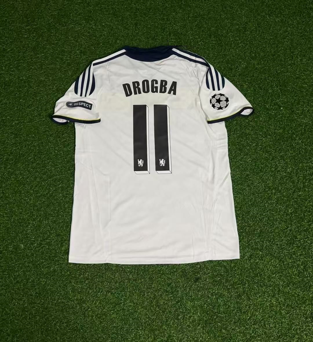 2011 Didier Drogba 11 - Chelsea 2012 CL White Yellow Retro Football Jersey – Back View