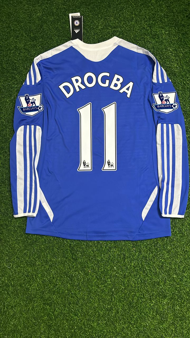 2011 Didier Drogba Chelsea 2012 EPL Patch Retro Long Sleeve Football Jersey – Back View