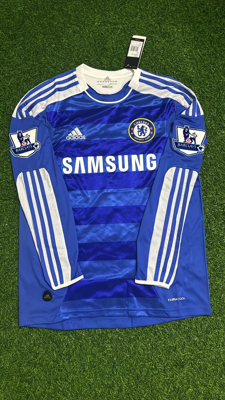 2011 Didier Drogba Chelsea 2012 EPL Patch Retro Long Sleeve Football Jersey – Front View