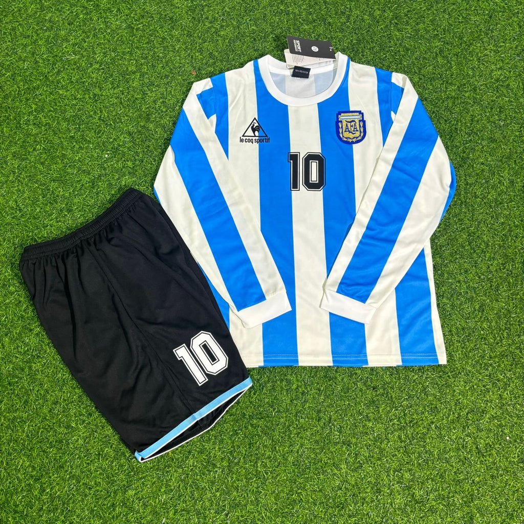 1986 Argentina World Cup Diego Maradona Retro Long Sleeve Kids Football Jersey – Front View