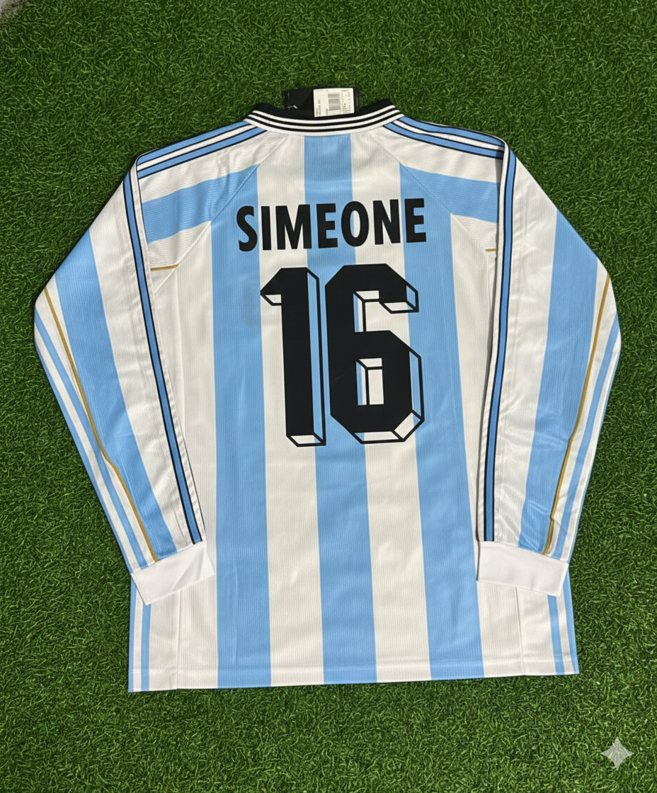 Argentina 1998 World Cup White Long Sleeve Retro Football Jersey – Diego Simeone – Back View