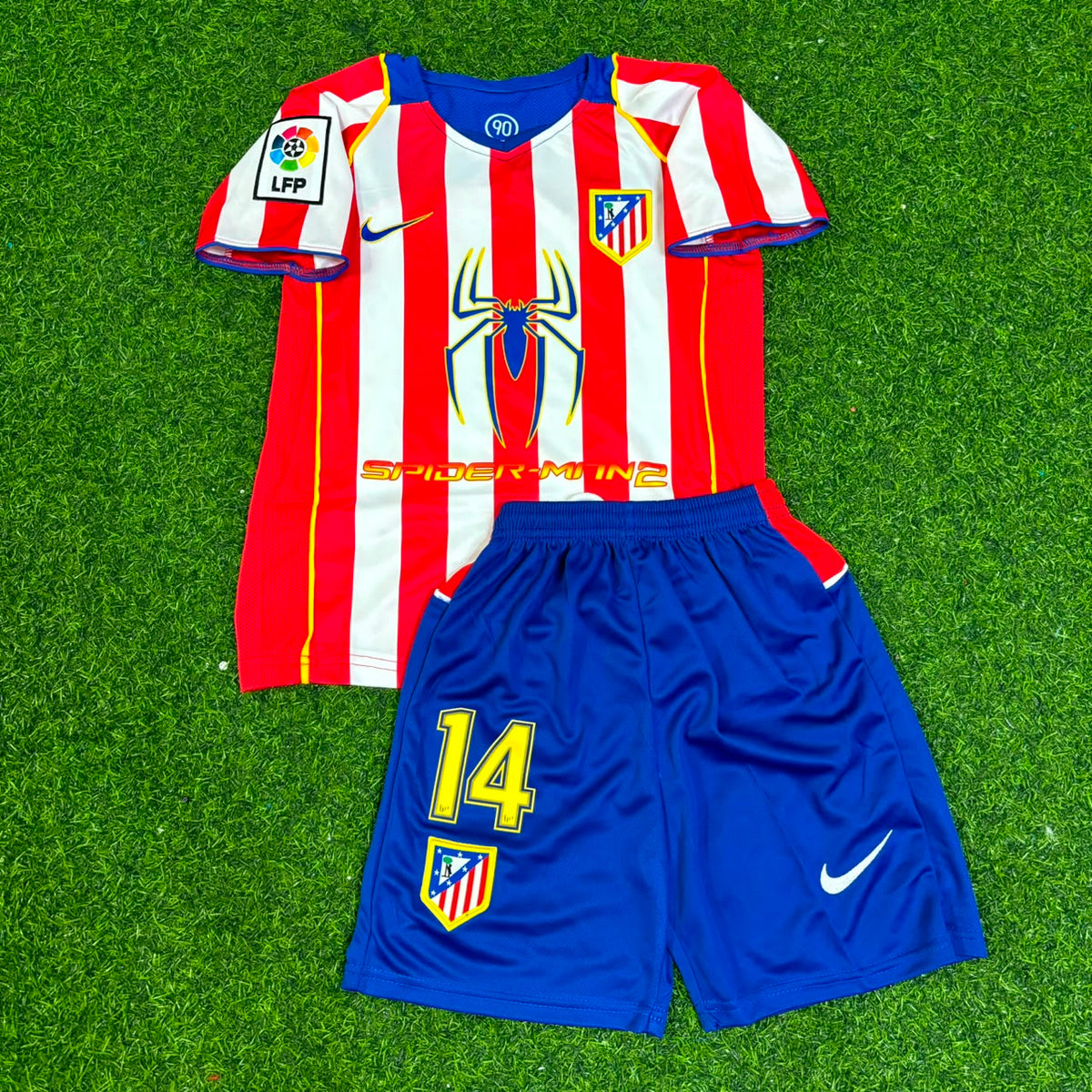 Diego Simeone #14 Atlético Madrid Spider-Man Kids Retro Football Jersey – Front View