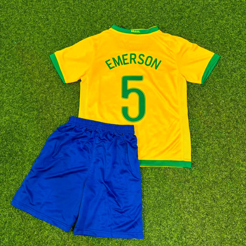 Brazil Home Yellow Retro Kids Football Jersey – Emerson #5 – Back View