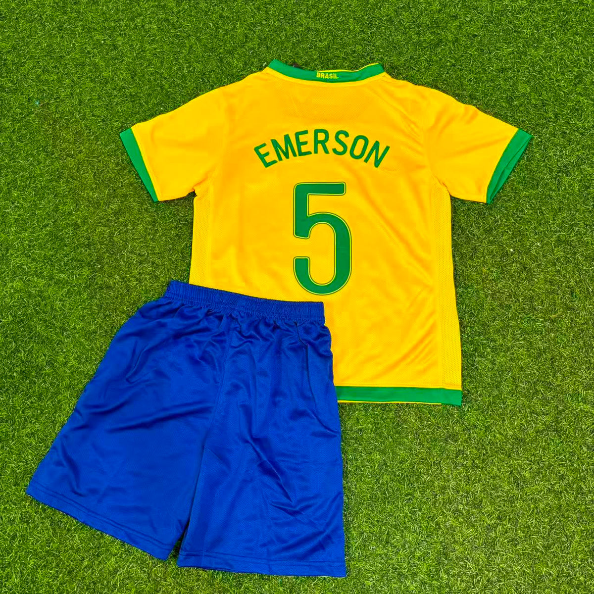 Brazil Home Yellow Retro Kids Football Jersey – Emerson #5 – Back View