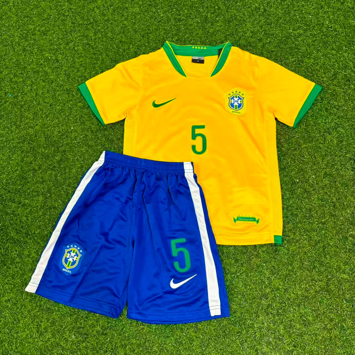Brazil Home Yellow Retro Kids Football Jersey – Emerson #5 – Front View