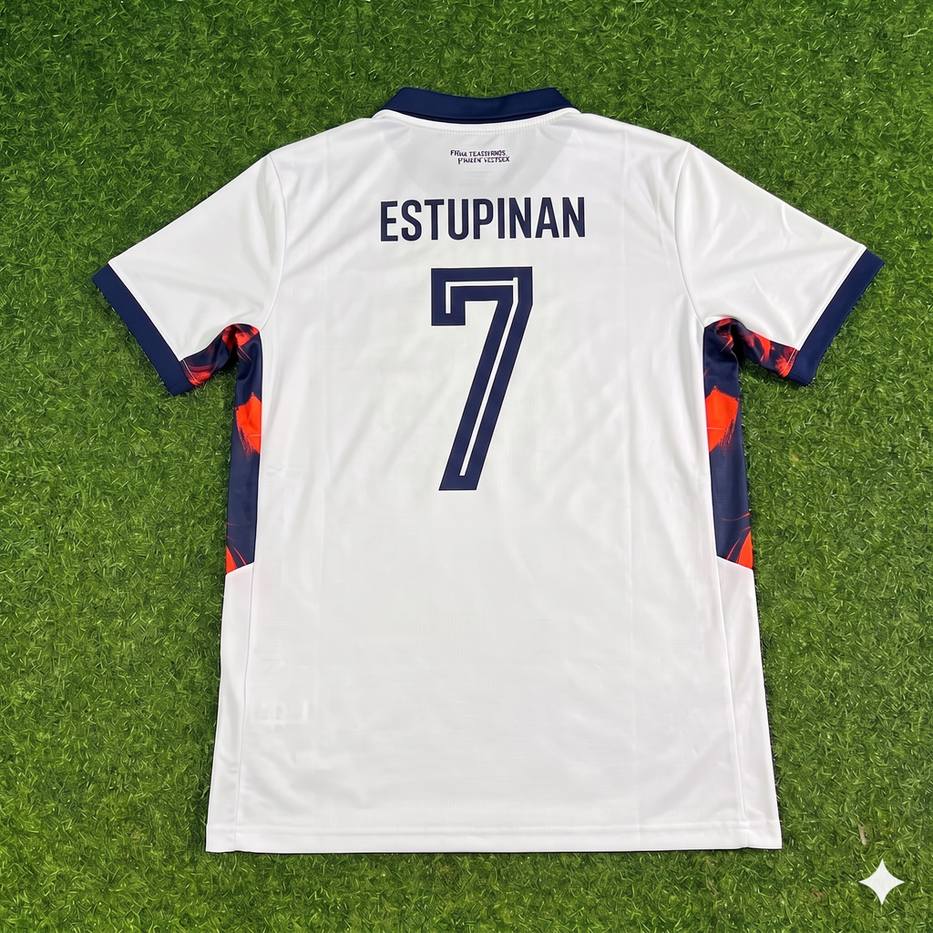 Pervis Estupinan #7 Ecuador 2026 World Cup White Football Jersey – Back View