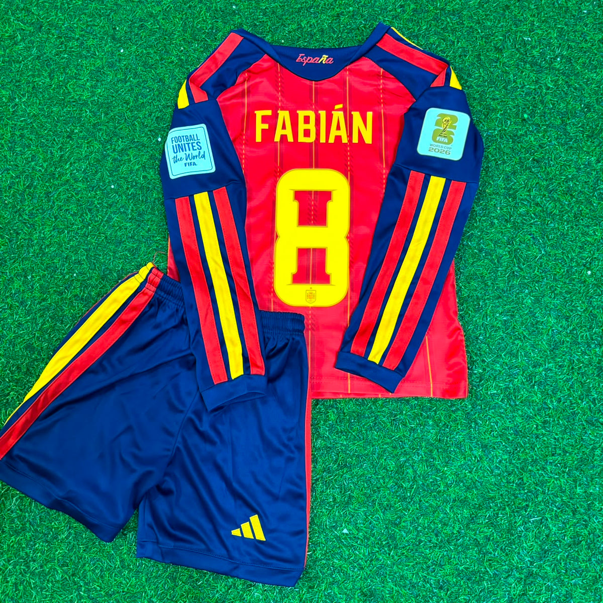 2026 Spain World Cup Fabian Ruiz Kids Home Long Sleeve Football Jersey – Back View