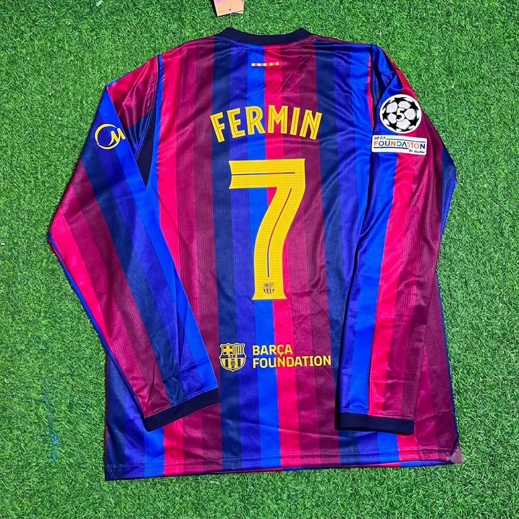 Fermin Lopez #7 Barcelona 2027 New Season Champions League Patch Home Long Sleeve Jersey – Back View