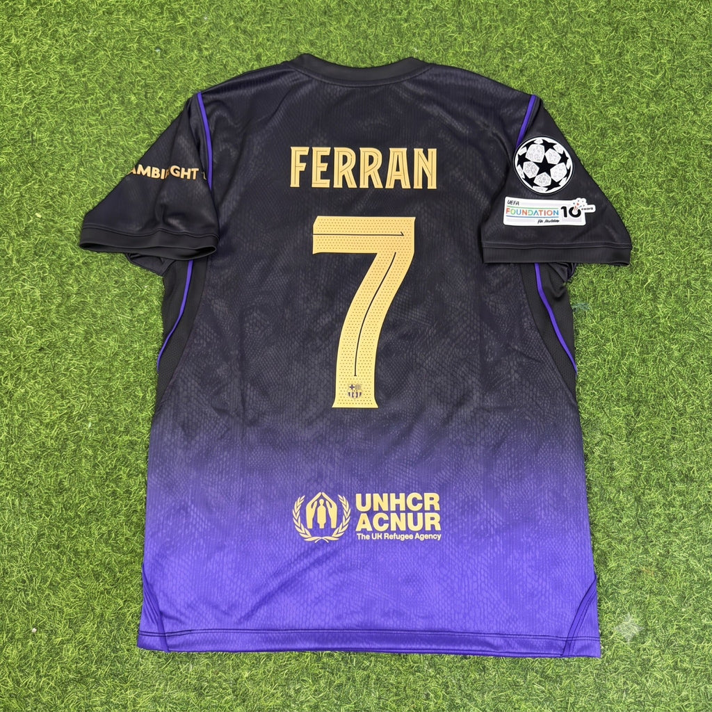 2027 Ferran Torres #7 Barcelona Champions League Patch Away Football Jersey – Back View