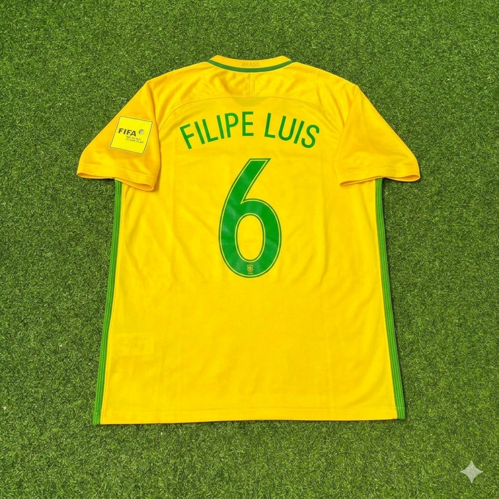 2018 Brazil World Cup Filipe Luis #6 Home Football Jersey – Back View