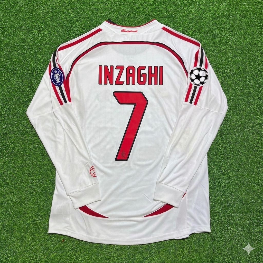 2007 Filippo Inzaghi #7 AC Milan Champions League Final Away White Long Sleeve Retro Football Jersey – Back View