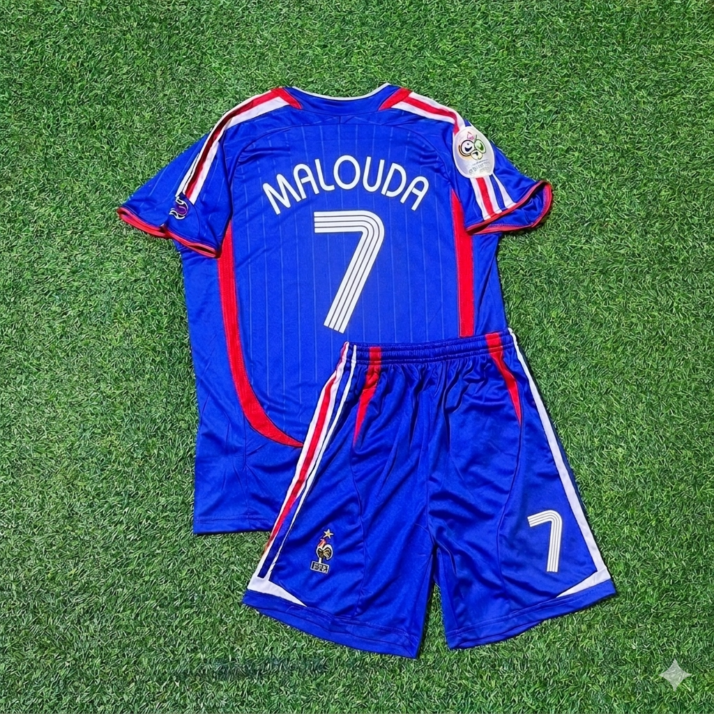 2006 France World Cup Florent Malouda #7 Kids Blue Retro Football Jersey – Back View