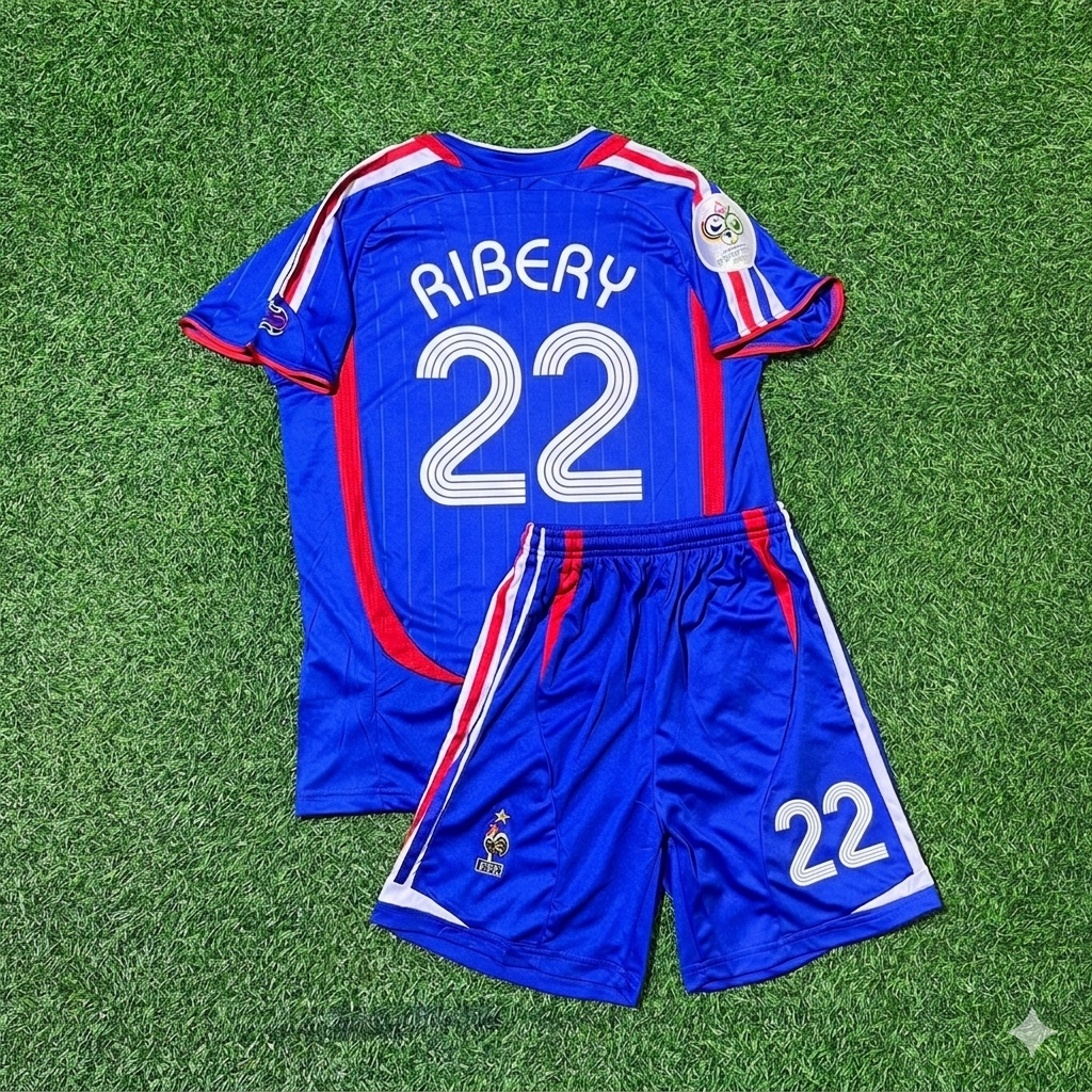 2006 France World Cup Franck Ribéry #22 Kids Blue Retro Football Jersey – Back View