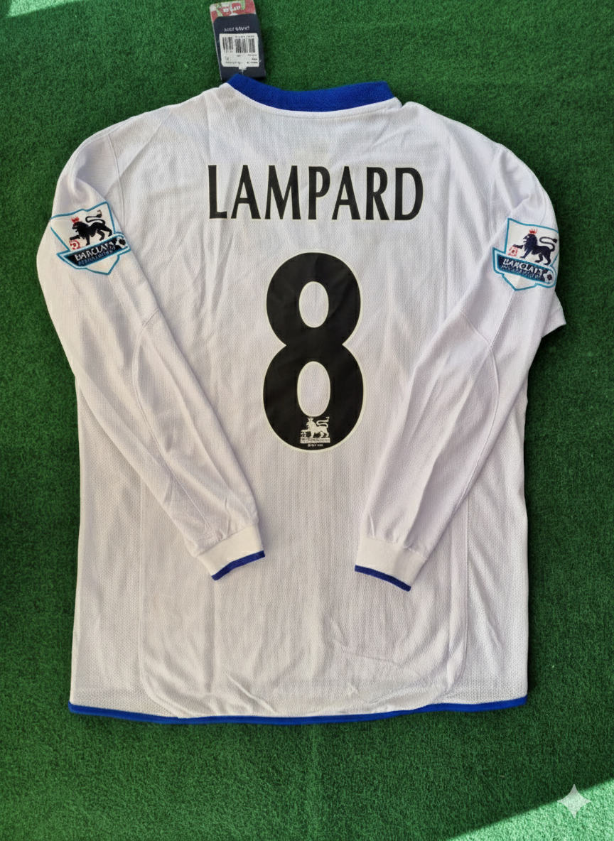 2004 Frank Lampard 8 Chelsea Away Retro White Long Sleeve Football Jersey – Back View