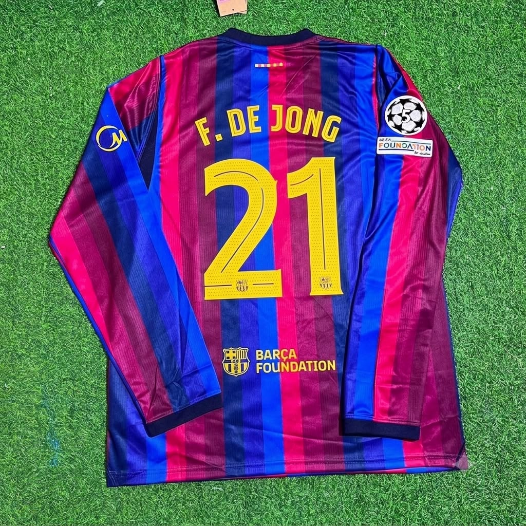Frenkie De Jong #21 Barcelona 2027 New Season Champions League Patch Home Long Sleeve Jersey – Back View