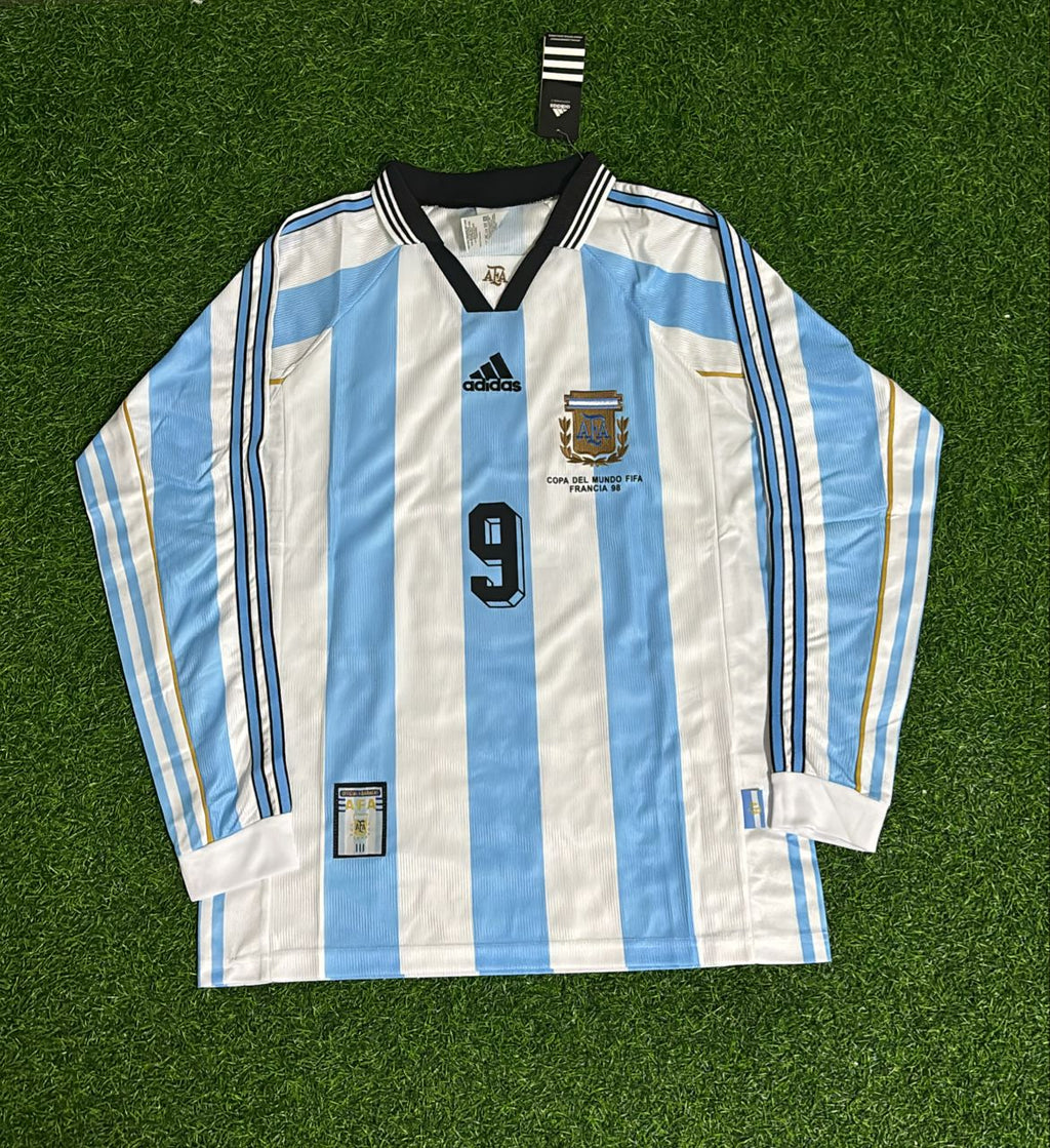 Gabriel Batistuta Argentina 1998 World Cup White Long Sleeve Retro Football Jersey – Front View