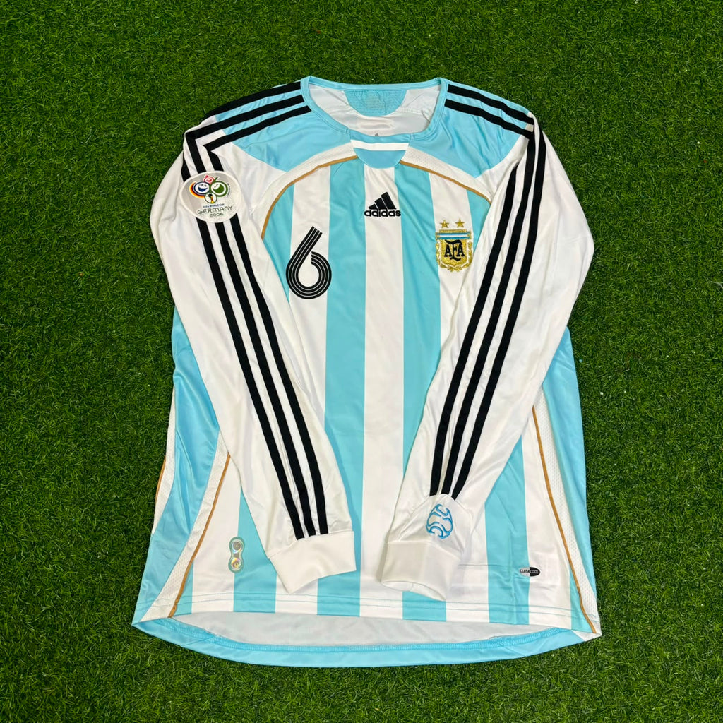 2006 Argentina World Cup Gabriel Heinze #6 Retro Long Sleeve Football Jersey – Front View