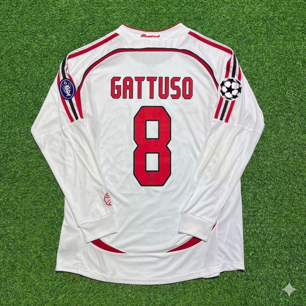 2007 Gennaro Gattuso #8 AC Milan Champions League Final Away White Long Sleeve Retro Football Jersey – Back View