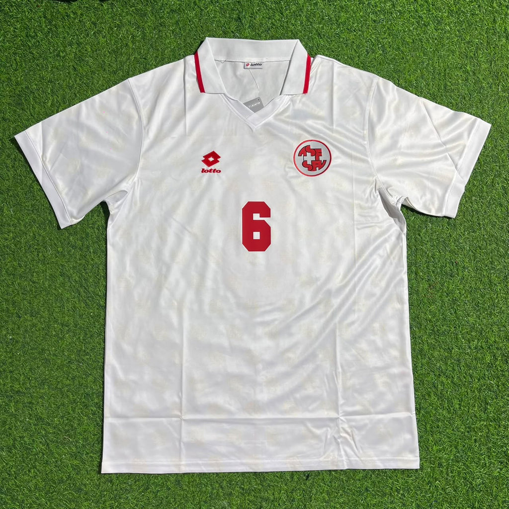 Switzerland White Retro Football Jersey – Georges Bregy 1994 World Cup – Front View