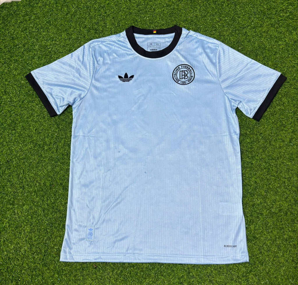 Germany 125th Year Special Clear Blue Retro Football Jersey – Andreas Brehme – Front View