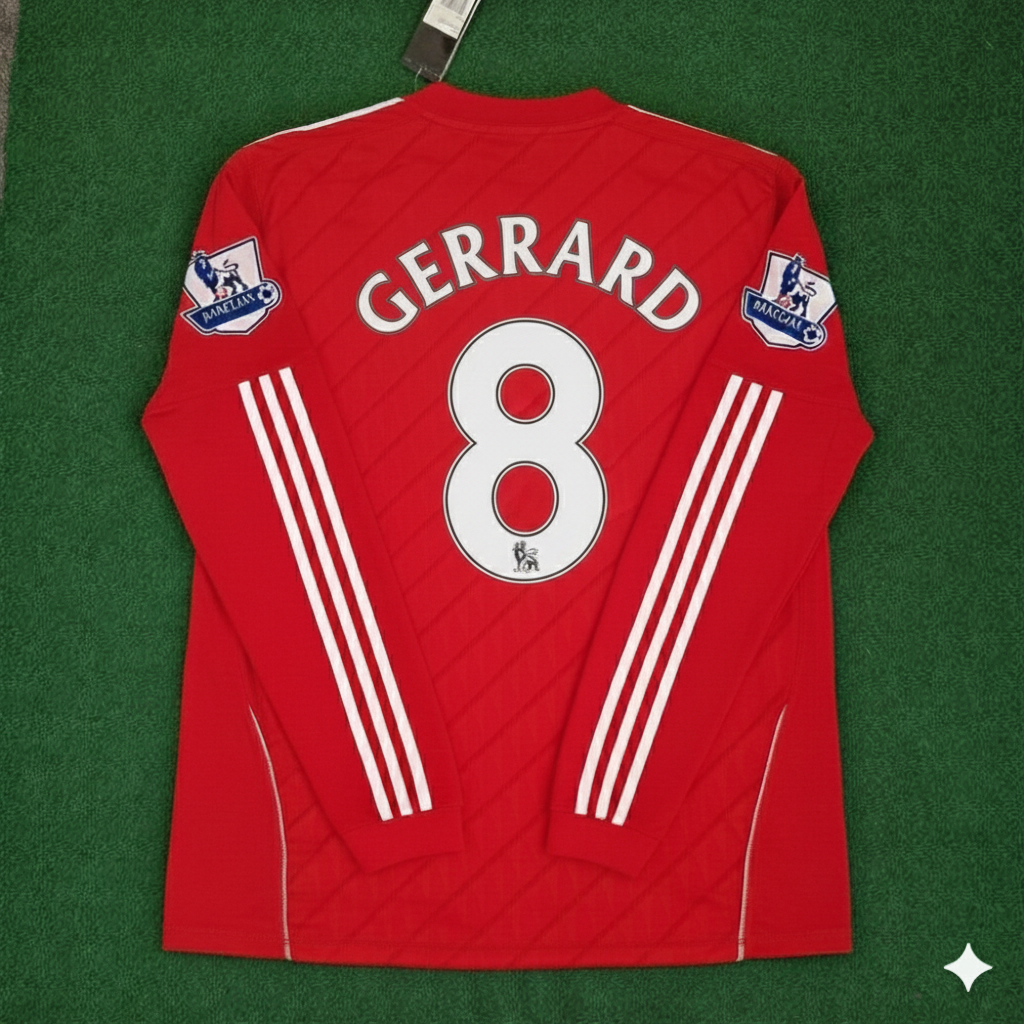 Liverpool 2010 2012 Season Long Sleeves Red Retro Jersey – Steven Gerrard – Back View