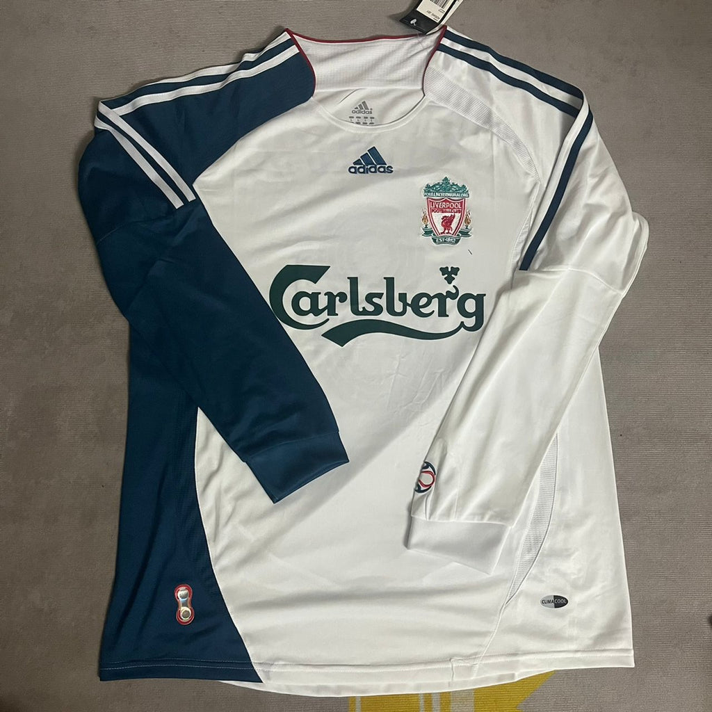 Steven Gerrard Liverpool 2007 White Blue Long Sleeve Retro Jersey – Front View