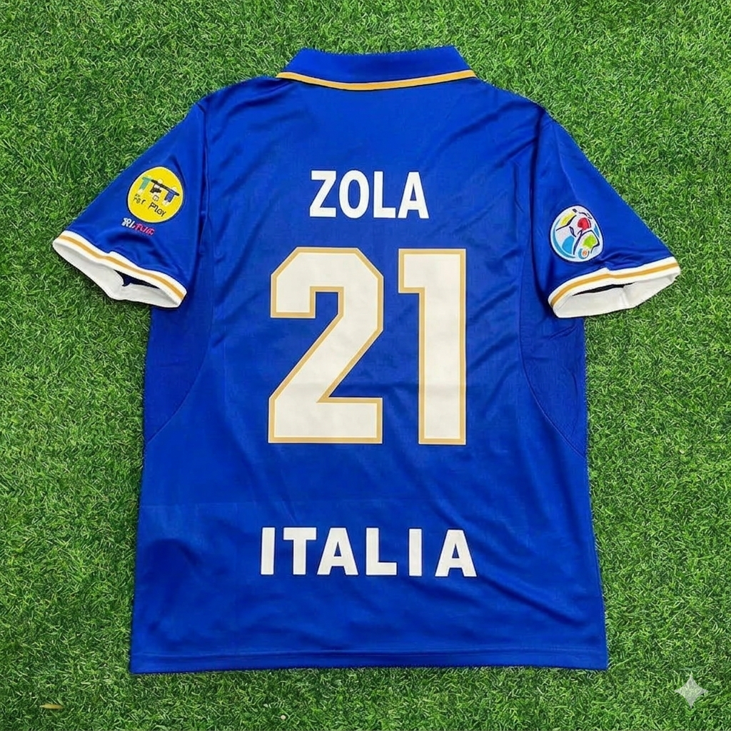 Italy EURO 1996 Blue Retro Soccer Kit Jersey Shirt – Gianfranco Zola # 21 – Back View