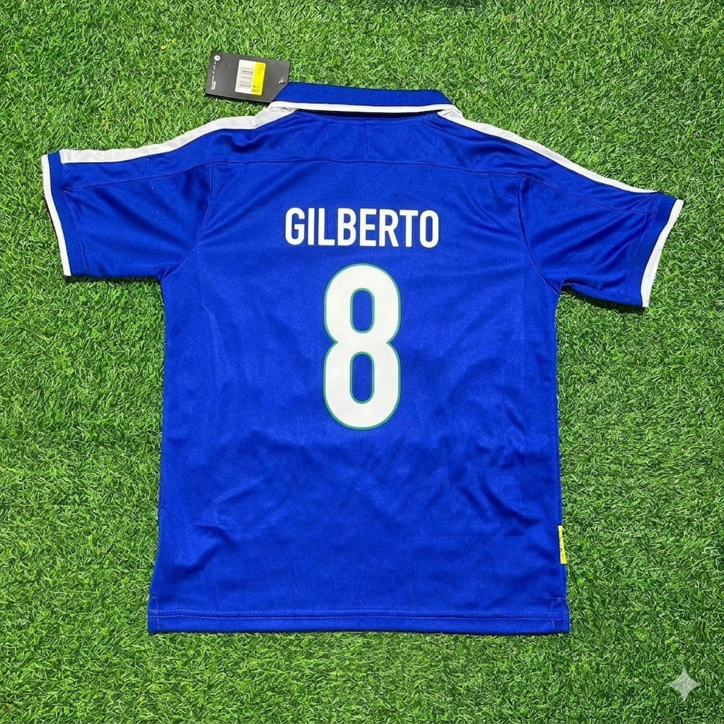 Brazil Blue Retro Football Jersey – Gilberto Silva – Back View
