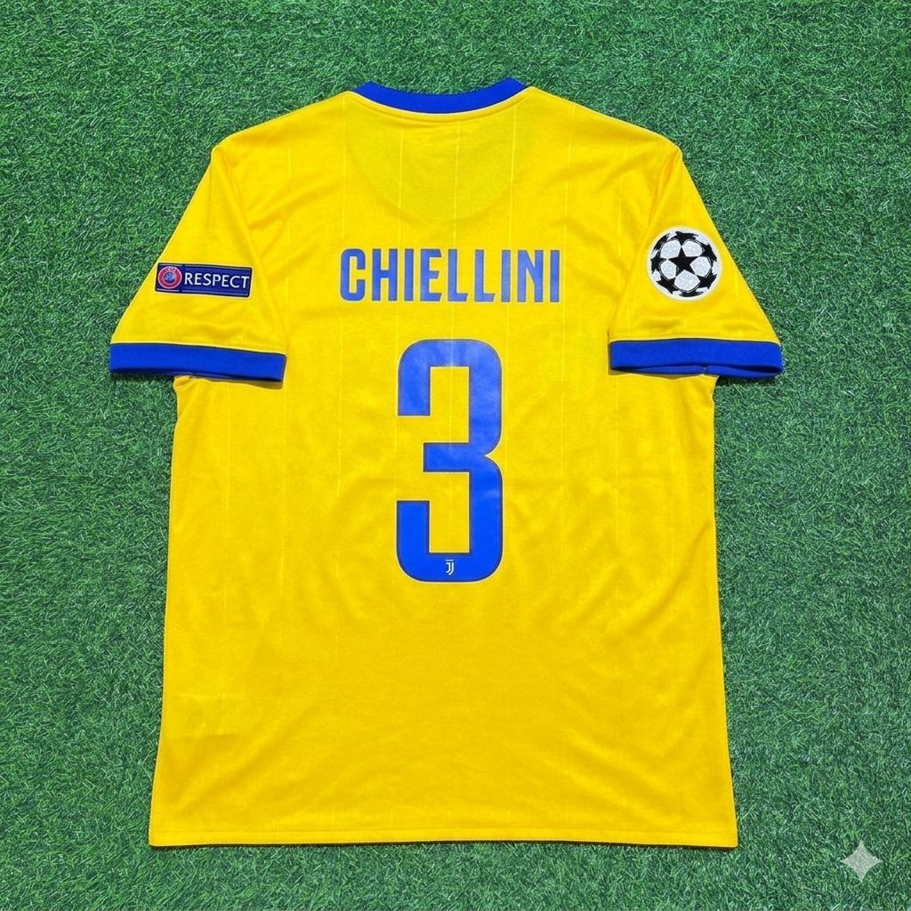 2017/18 Giorgio Chiellini Juventus Yellow Retro Football Jersey – Back View
