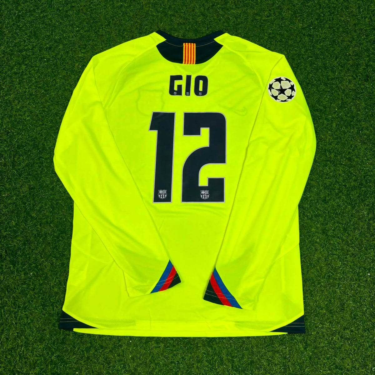 Giovanni van Bronckhorst Barcelona 2005-2006 Yellow Green Retro Long Sleeve Football Jersey – Back View
