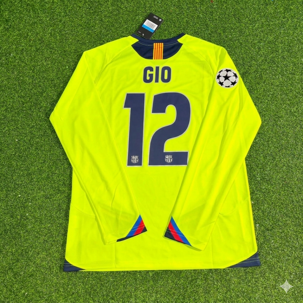 2005/06 Giovanni van Bronckhorst Barcelona Yellow Green Retro Long Sleeve Football Jersey – Back View