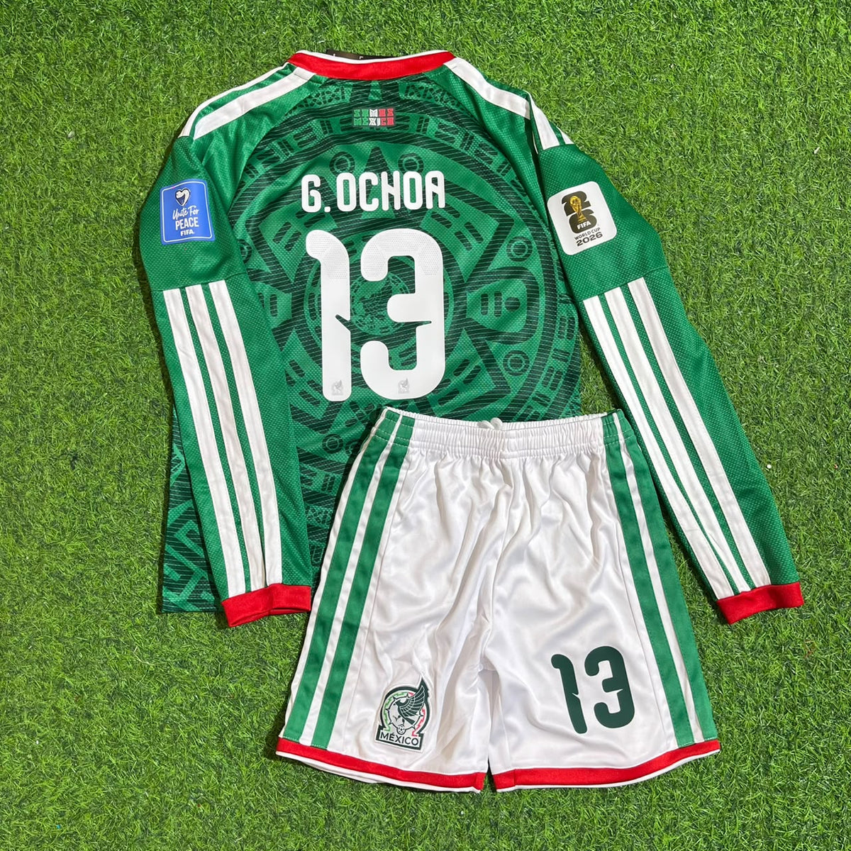 Guillermo Ochoa Mexico 2026 World Cup Home Green Long Sleeve Kids Football Jersey – Back View